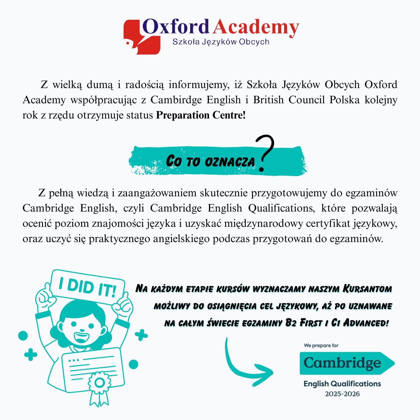 Szkoła Języków Obcych Oxford Academy Preparation Centre B2First C1 Advanced